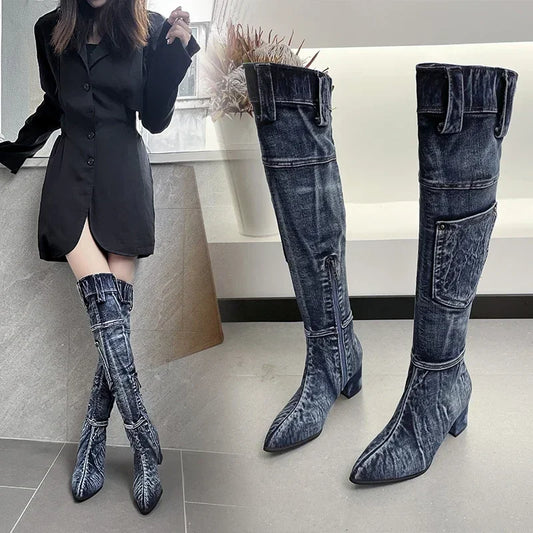 Classic Denim Knee High Boots With Square Heel For Women