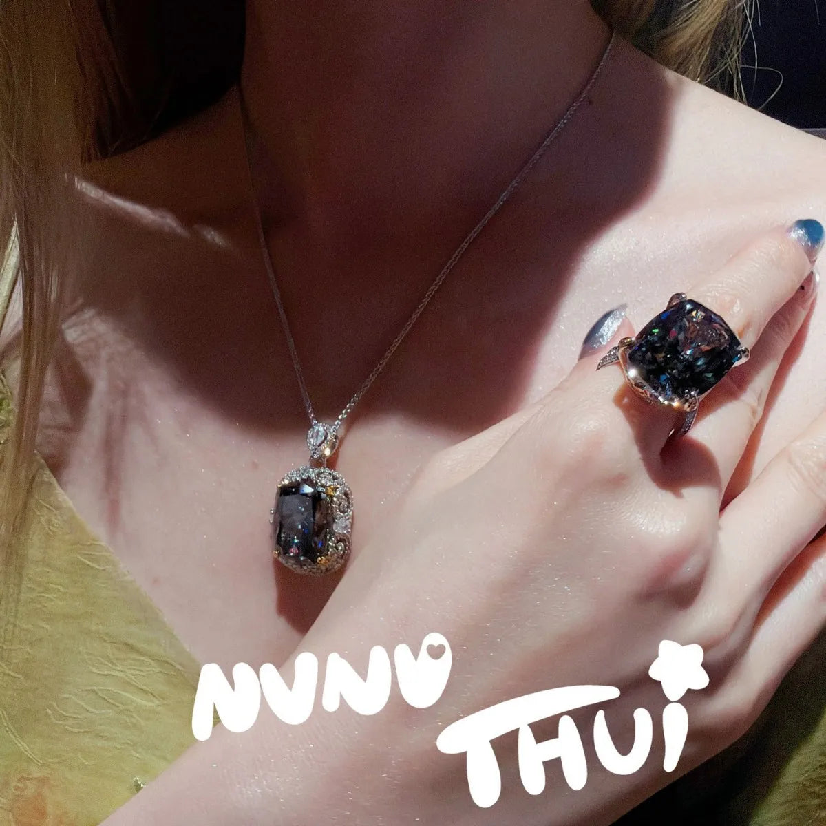 Gray Topaz Honeycomb Pendant Necklace and Ring Set for Women
