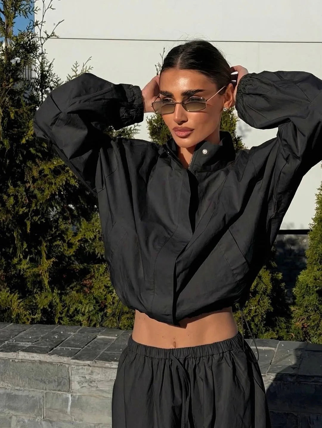 Lace Up Stand Collar Wide Leg Two Piece Set for Women