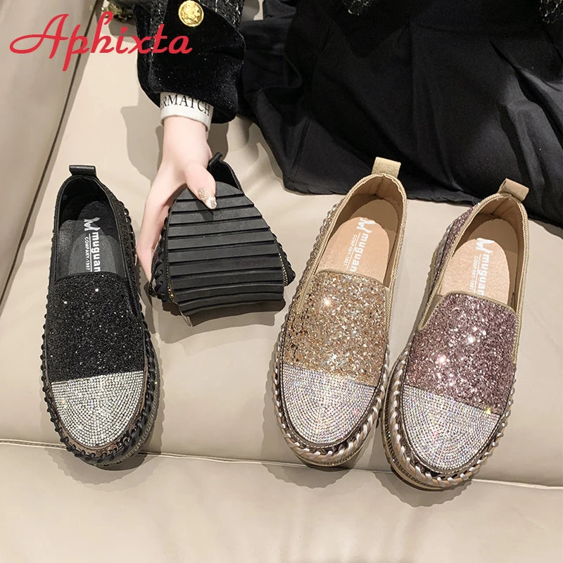 Soft Faux Leather Sequined Platform Loafers For Women
