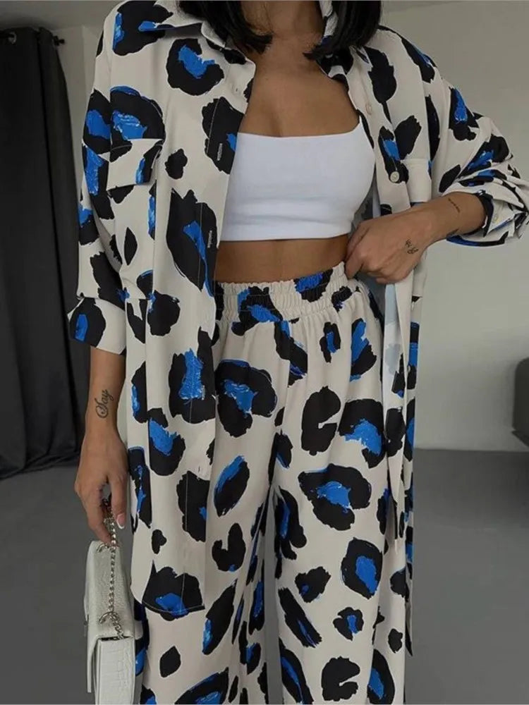Fashion Leopard Print Women's Two Piece Sets Elegant Casual Button Streetwear Long Sleeve Shirt And Wide Leg Pants 2 Piece Sets