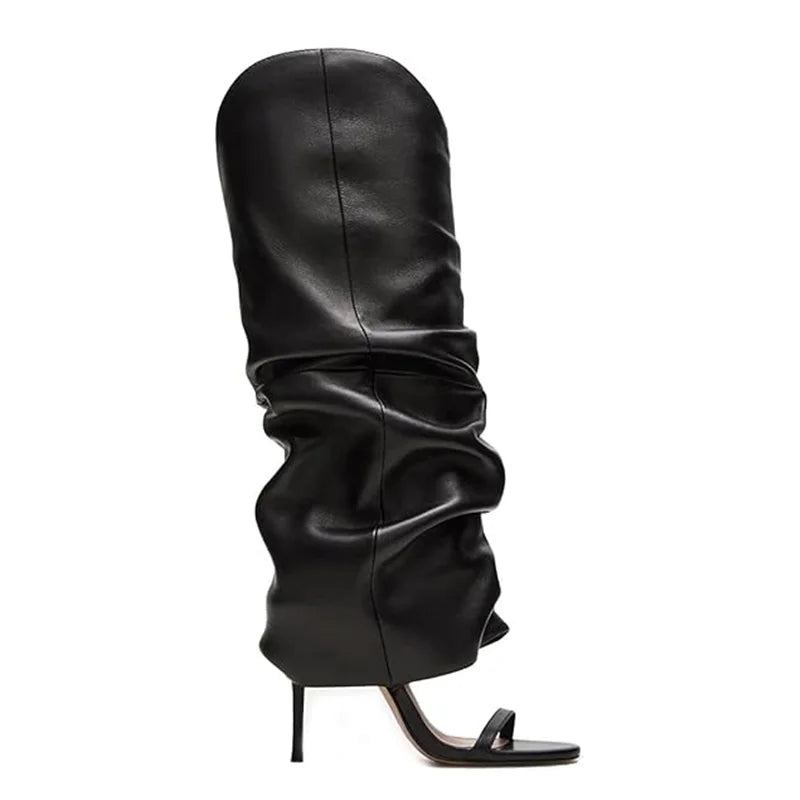 Pointed Toe Knee High Thin Heel Leather Boots for Women