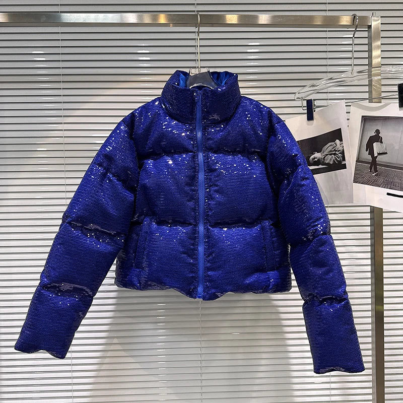Shiny Sequin Stand Collar Padded Winter Jacket For Women