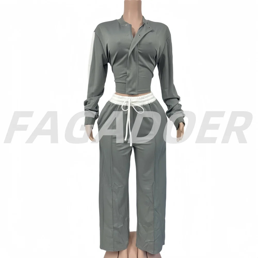 FAGADOER Fashion Sports 2 Pieces Set for Woman Long Sleeve Crop Top and Long Pants Matching Suit Female Streetwear Clothing New
