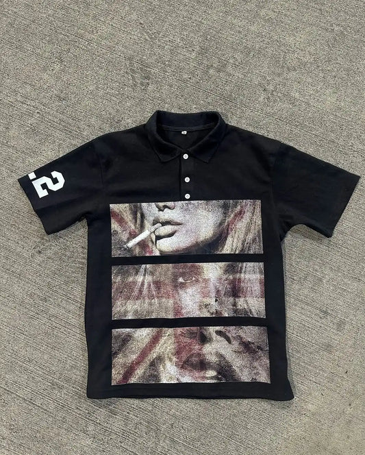 Comic Split-screen Retro Grainy Pattern Printed T-shirt Trend Street Hip-hop Y2K Black Polo Shirt Men Summer New Versatile Tops