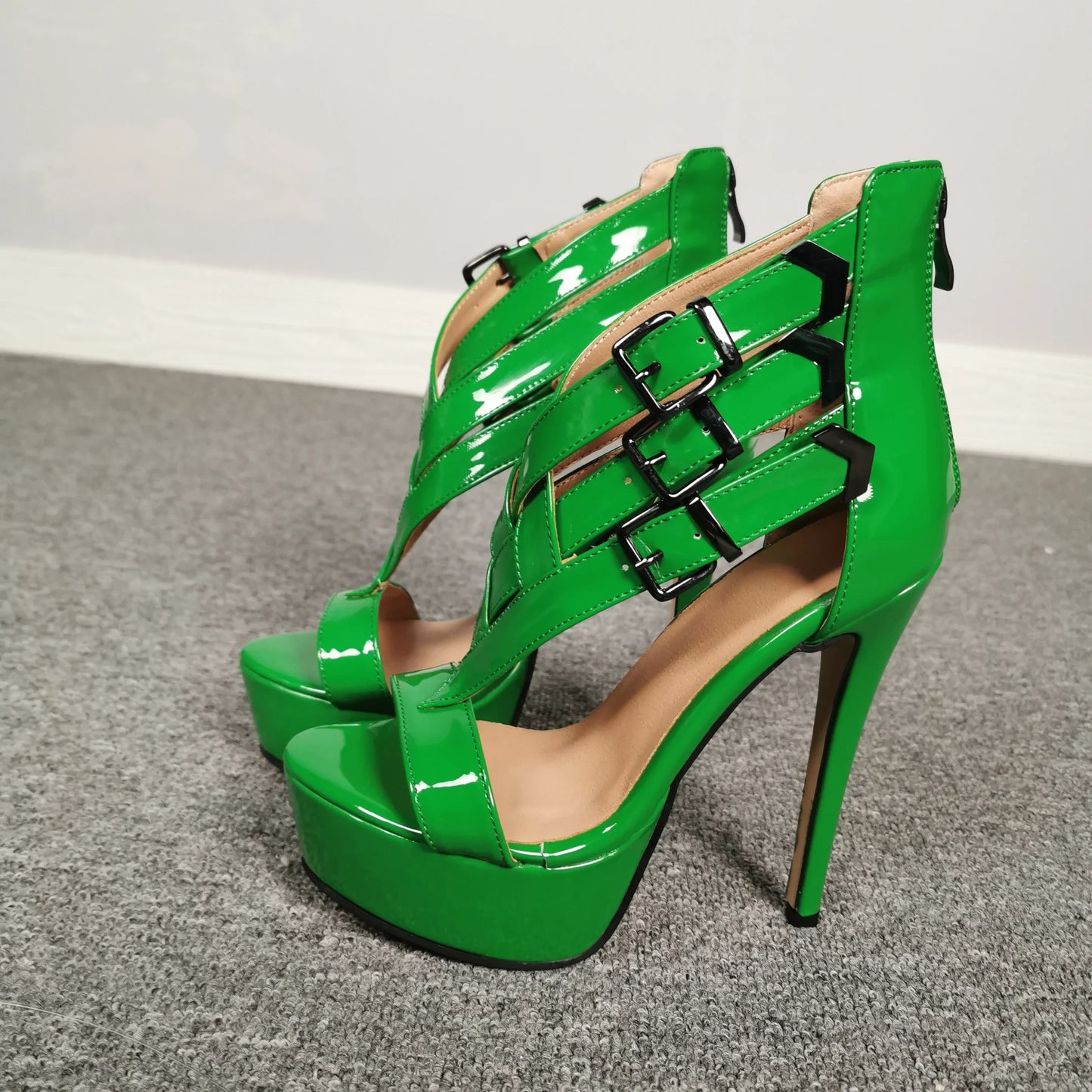 Green Patent Leather High Heel Strappy Sandals With Buckle for Women