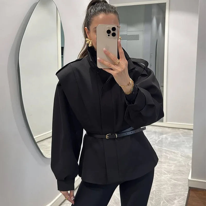 Elegant Short Trench Coat With Stand Collar for Women