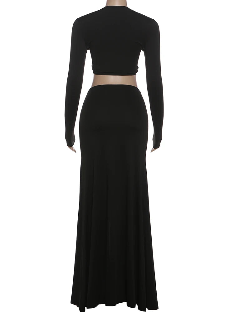 Elegant Hollowed Flowers V Neck Crop Top and Long Skirt Two Piece Set for Women