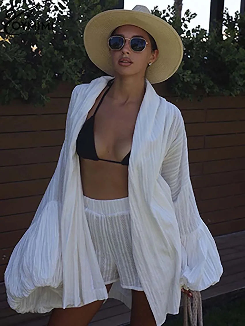 Oymimi Fashion White Cotton Women's Two Pieces Set Elegant Puff Sleeve Loose Lace-Up Shirts And High Waisted Shorts Female Sets