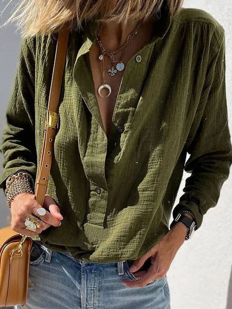 Long-sleeved cotton and linen women's shirt 2025 autumn loose single-breasted lapel casual shirt, office women's clothes