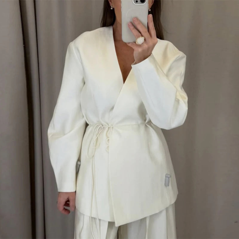 Lace Up Jacket and Wide Leg Pants Suit Set for Women