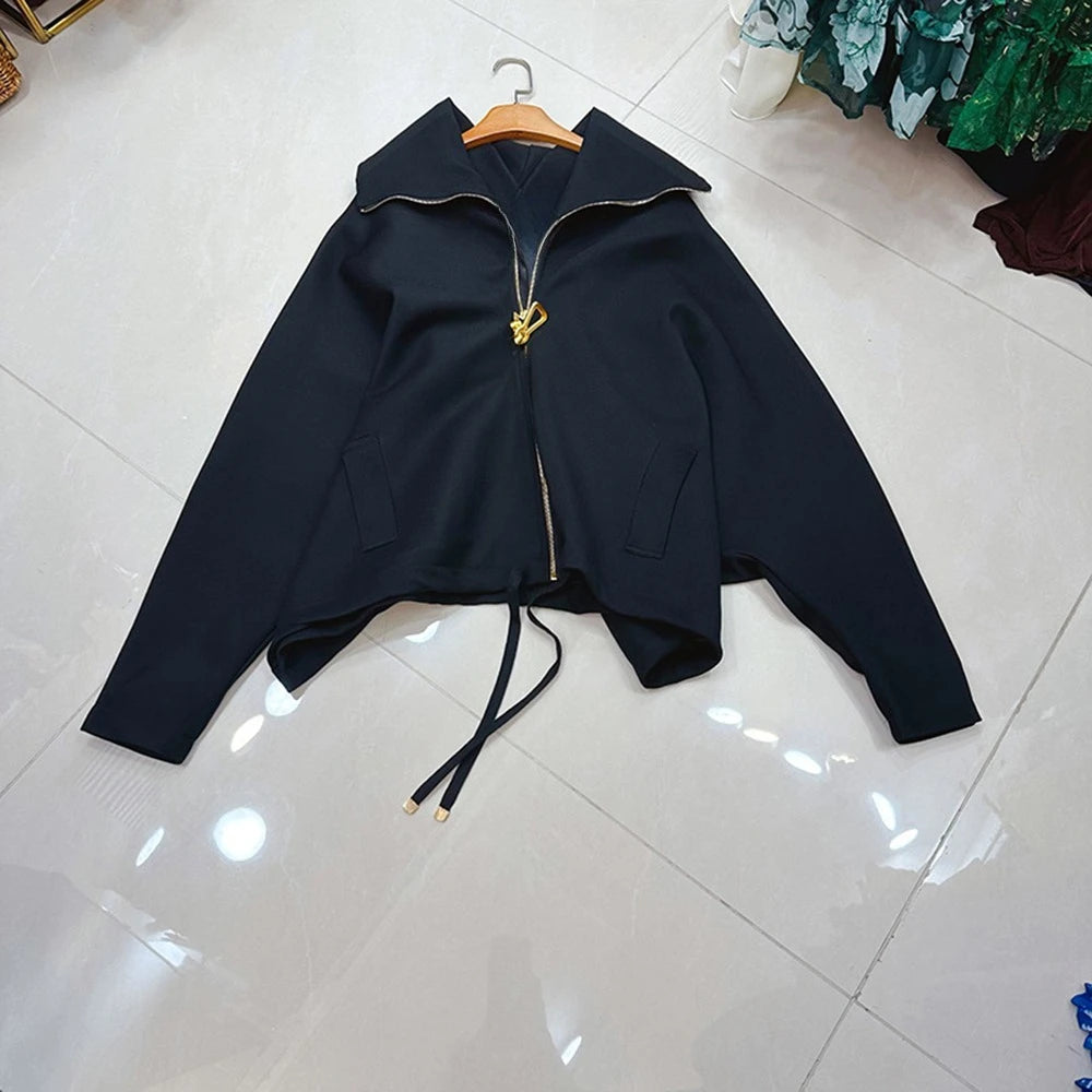 TWOTWINSTYLE Solid Design Sense Loose Jackets For Women Lapel Long Sleeve Spliced Zipper Casual Jacket Female Fashion KJA542480