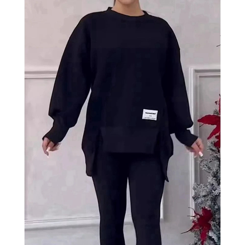 Sporty O-neck Long Sleeve Asymmetrical Sweatshirt & Skinny Pants Set Two Piece Outfits Tracksuit Sets Fall Clothing