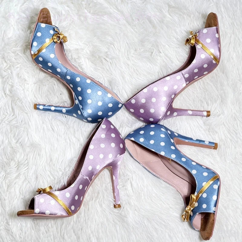Polka Dot Peep Toe Stiletto Satin Pumps With Silk Bow Buckle For Women