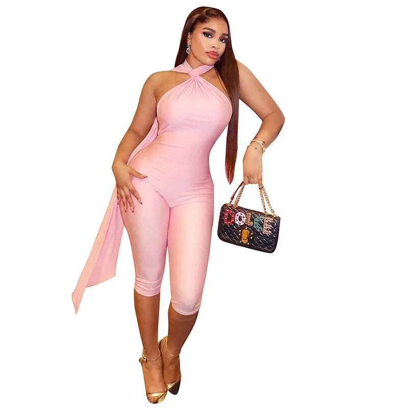 Sexy Ruched Backless Halter Bandage Jumpsuit for Women