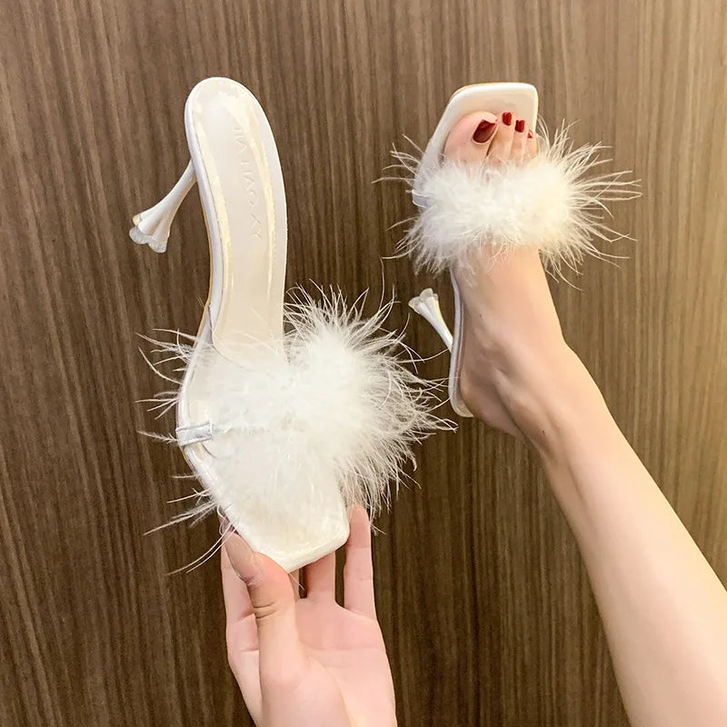 Black Faux Fur High Heel Sandals