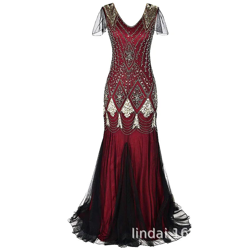Sequined Beaded Mermaid Dress With V Neck for Women
