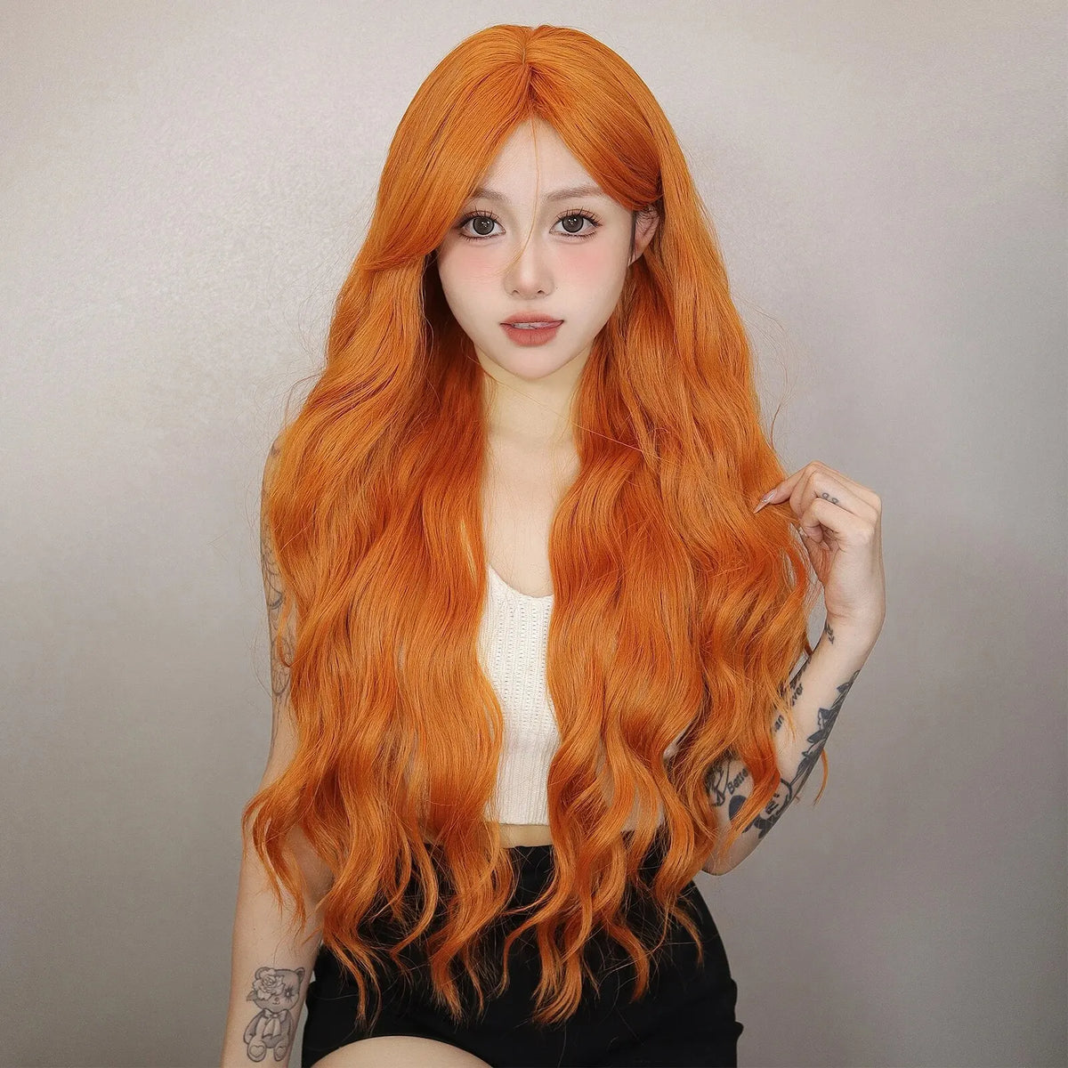Long Water Wave Orange Synthetic Wig With Bangs for Women
