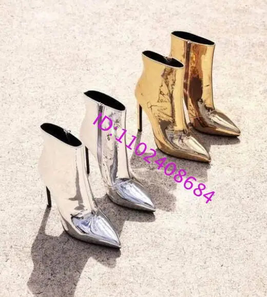 Fashion Woman Glitter Silver Gold Mirror Leather Pointed Toe High Heel Short Ankle Boots with Black Sole And Zipper Custom Make
