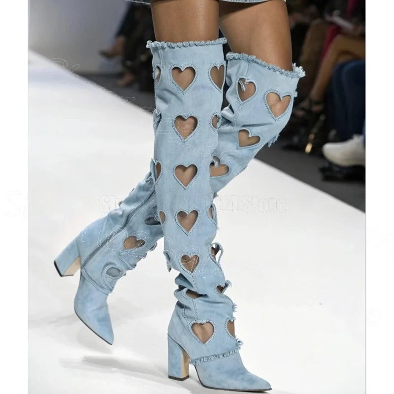 Chunky Heel Pointy Toe Denim Boots With Side Zipper For Women