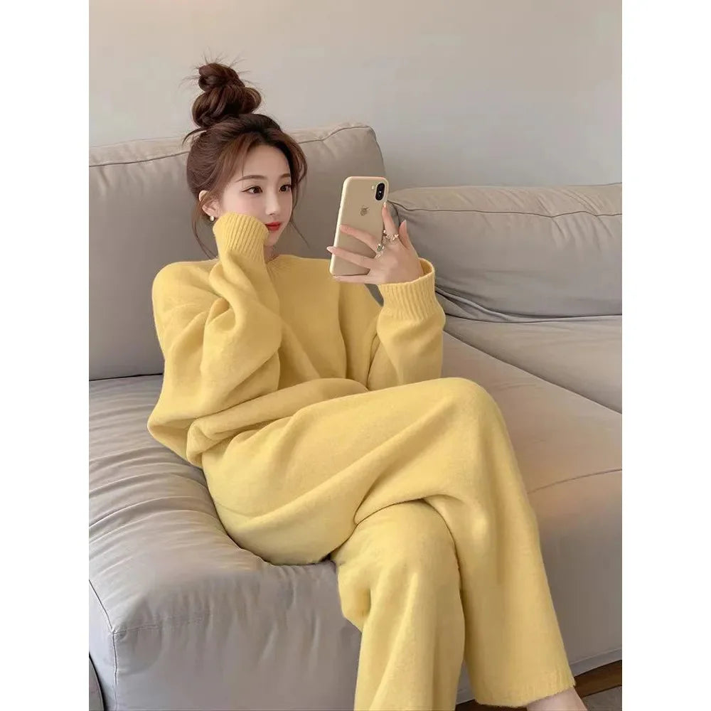 Loose Fit Knitted Pullover And Pants Set for Women