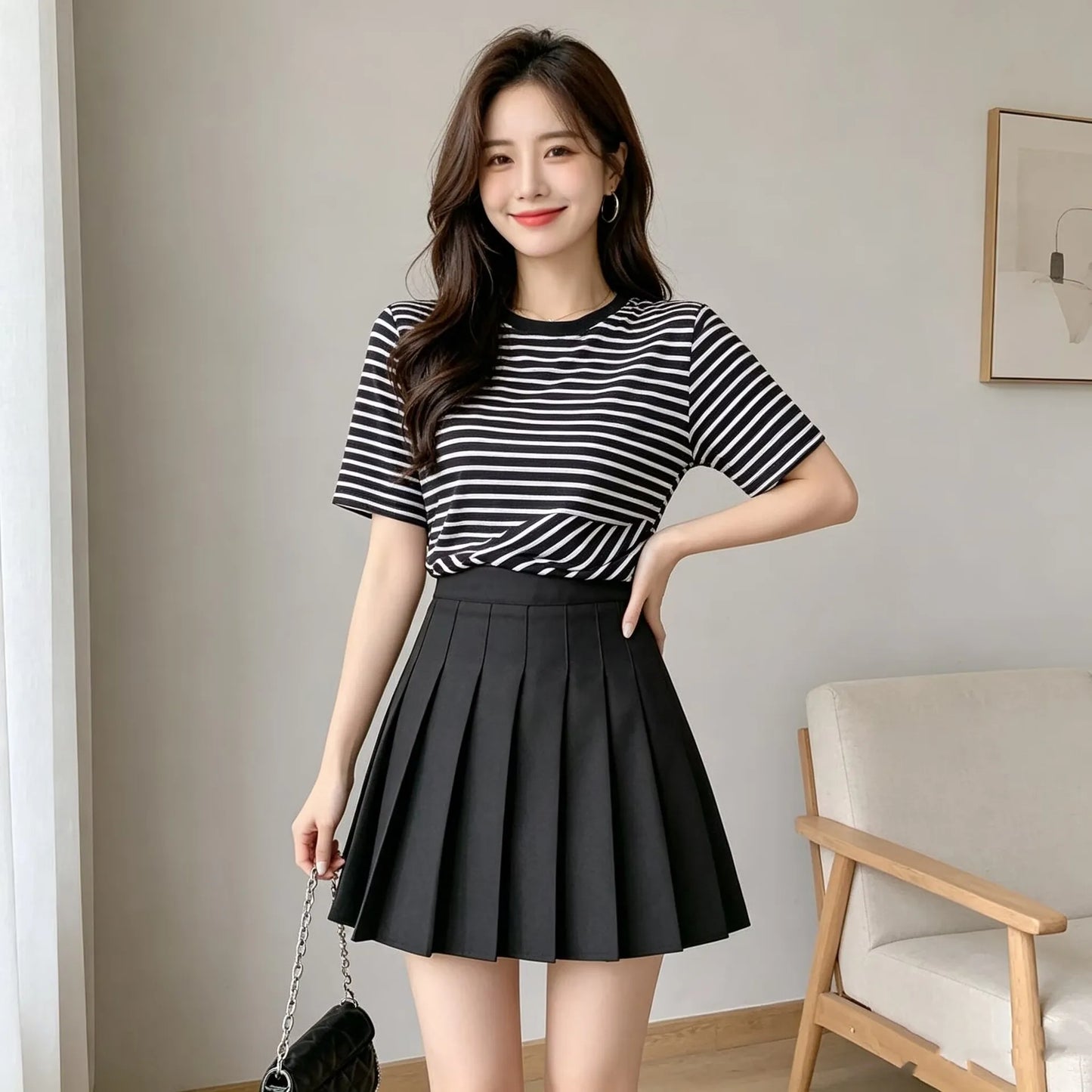 White High Waist Pleated Mini Skirt With Built In Shorts For Women