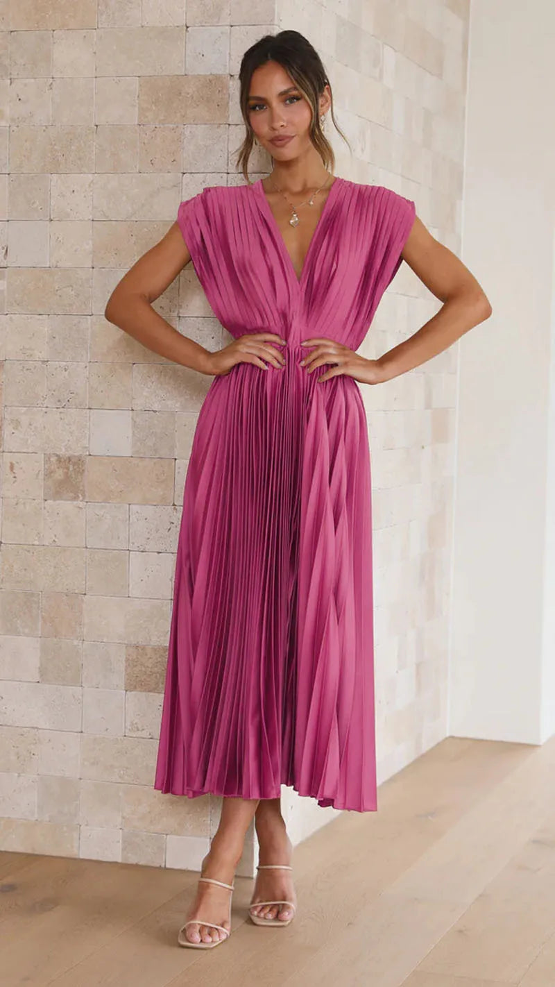 Elegance Draped V-Neck Pleated Skirt Dress 2025 Women Solid Strapless Backless Patchwork Loungewear Simple Maxi Dress
