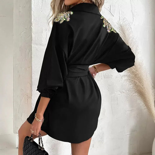 FashionDress Women Sexy New  2024 Autumn Winter Casual Sequin Wings Pattern Turn-Down Collar Tied Detail Elegant Shirt Dresses