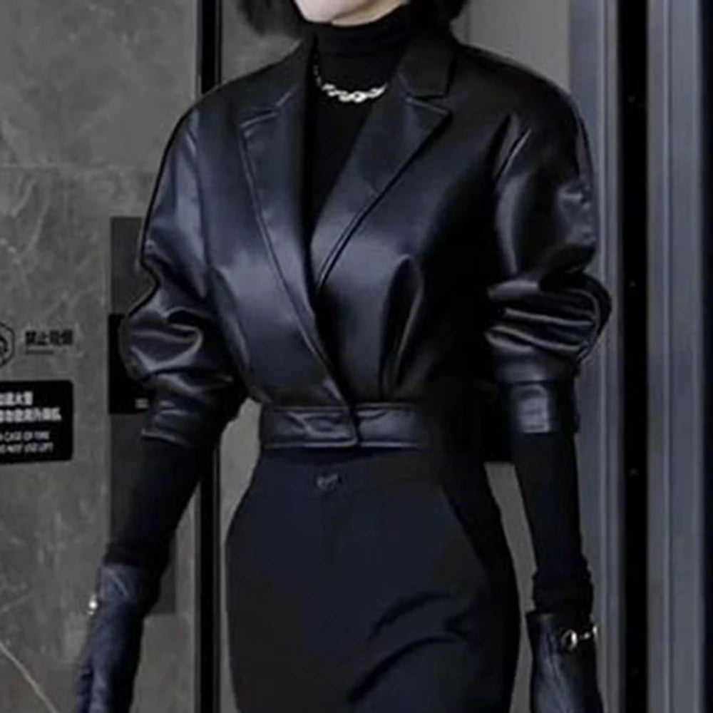Trendy Faux Leather Blazer And Flared Pants Set For Women