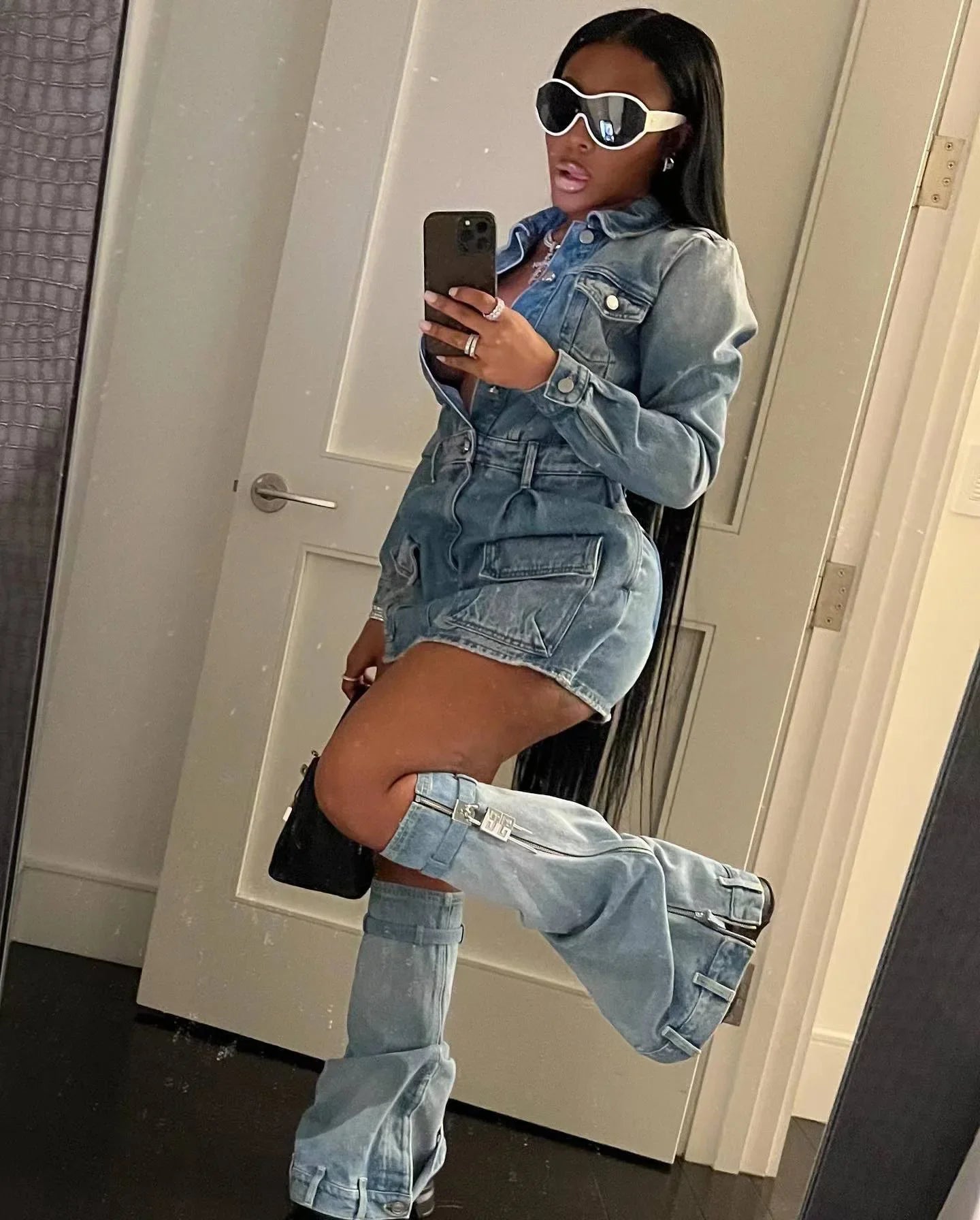 Trendy Chic Lapel Button Denim Three Piece Set for Women