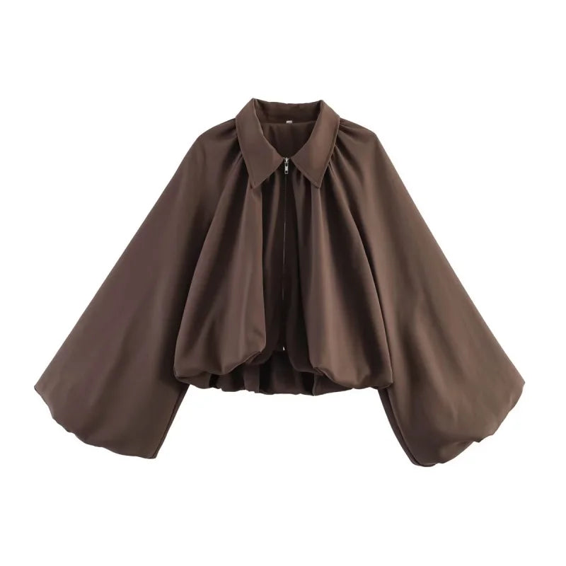 Elegant Solid Bomber Jacket With Puff Sleeves for Women