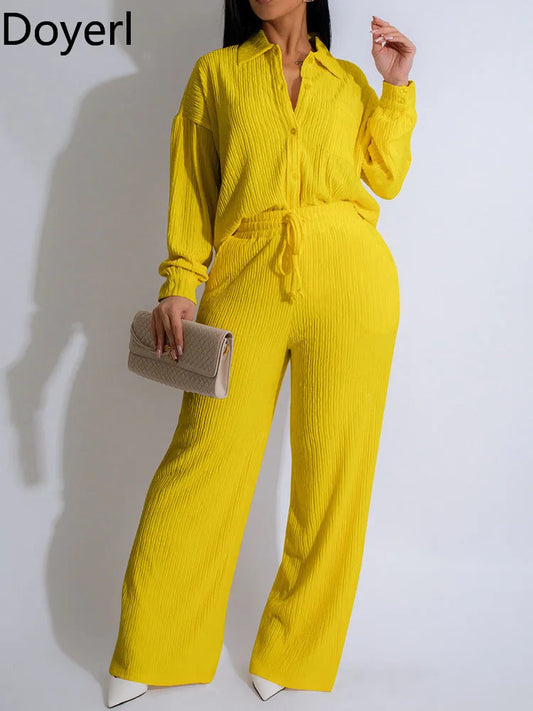 Doyerl Solid Casual Loungewear Sets Woman Two Piece Outfit Loose Fit Long Sleeve Shirt Top and Wide Leg Pants Matching Sets