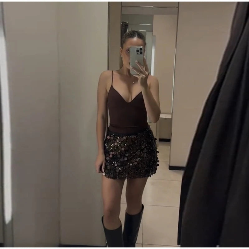 Sequined Paillette High Waist A Line Mini Skirt for Women