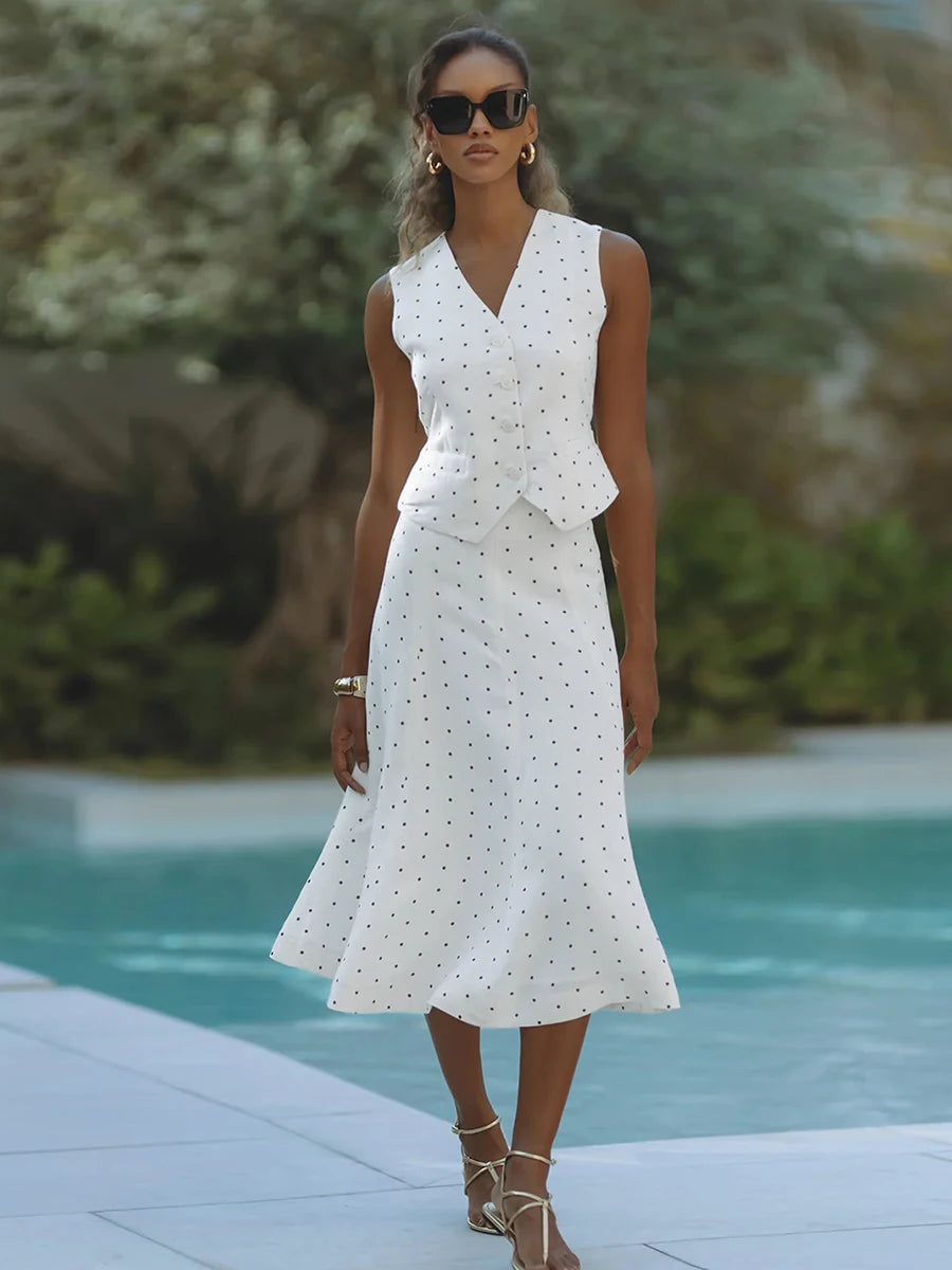 Elegant Polka Dot V Neck Sleeveless Two Piece Set For Women