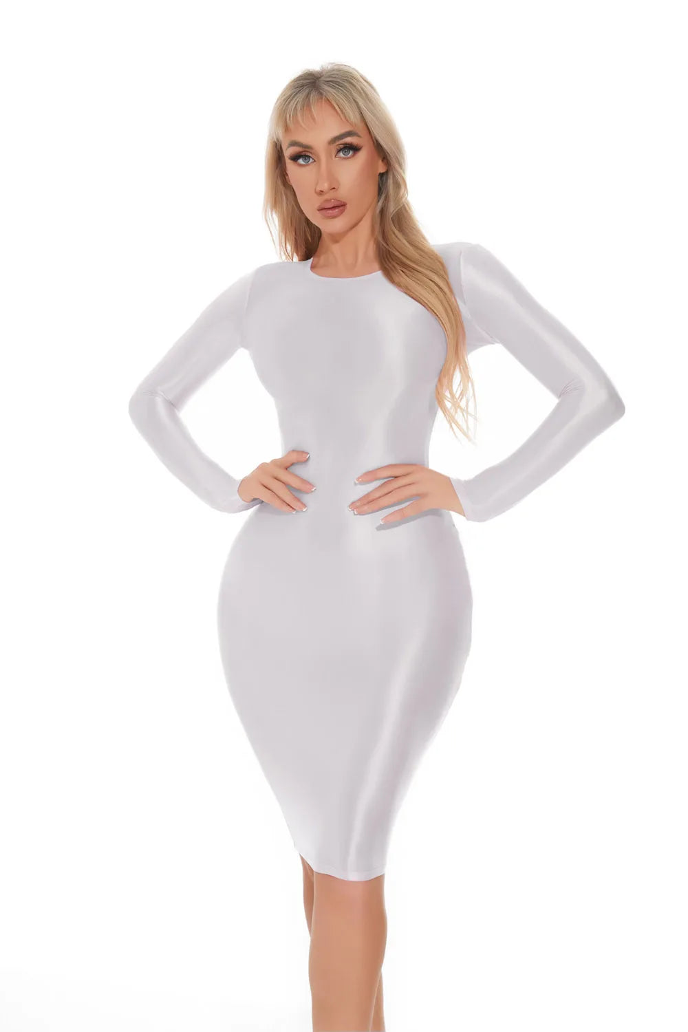 Shiny Long Sleeve Fitted Bodycon Midi Dress for Women