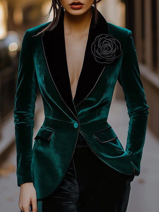 3D Rose Embroidered Velvet Blazer