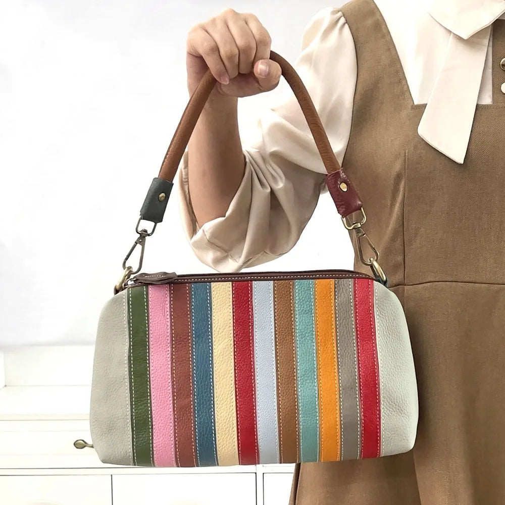 Leisure and versatile women's bag colorful leather splicing strip bag seven color rainbow bag, single shoulder crossbody handbag