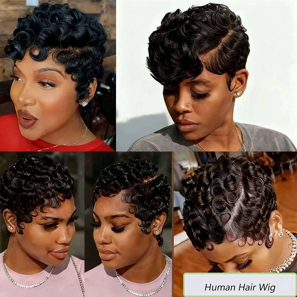 Short Curly Pixie Lace Front Human Hair Wig for Women