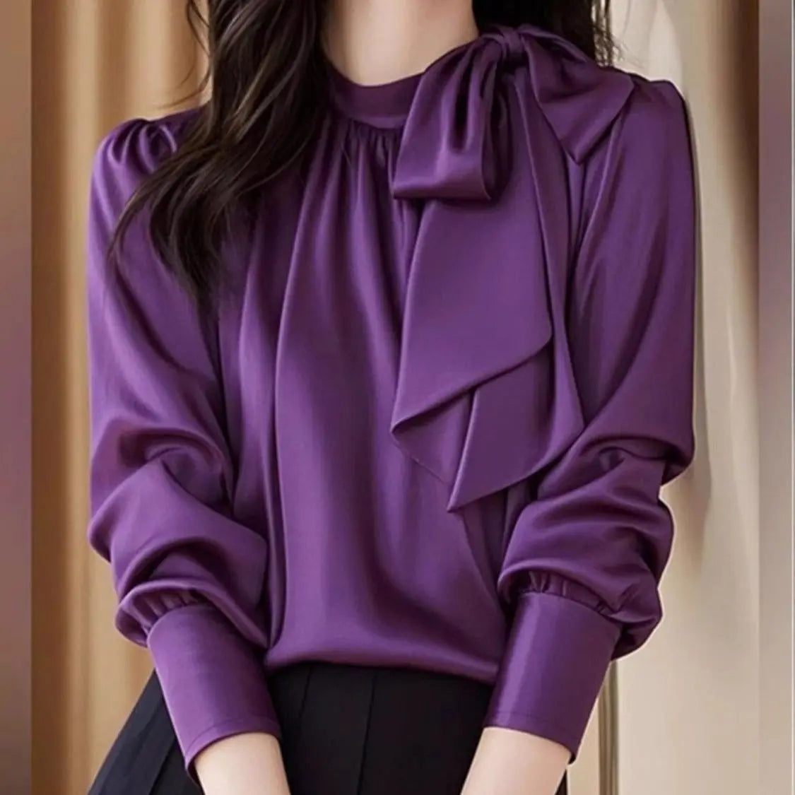 Elegant Purple Satin Blouse With Delicate Bow Accent For Women