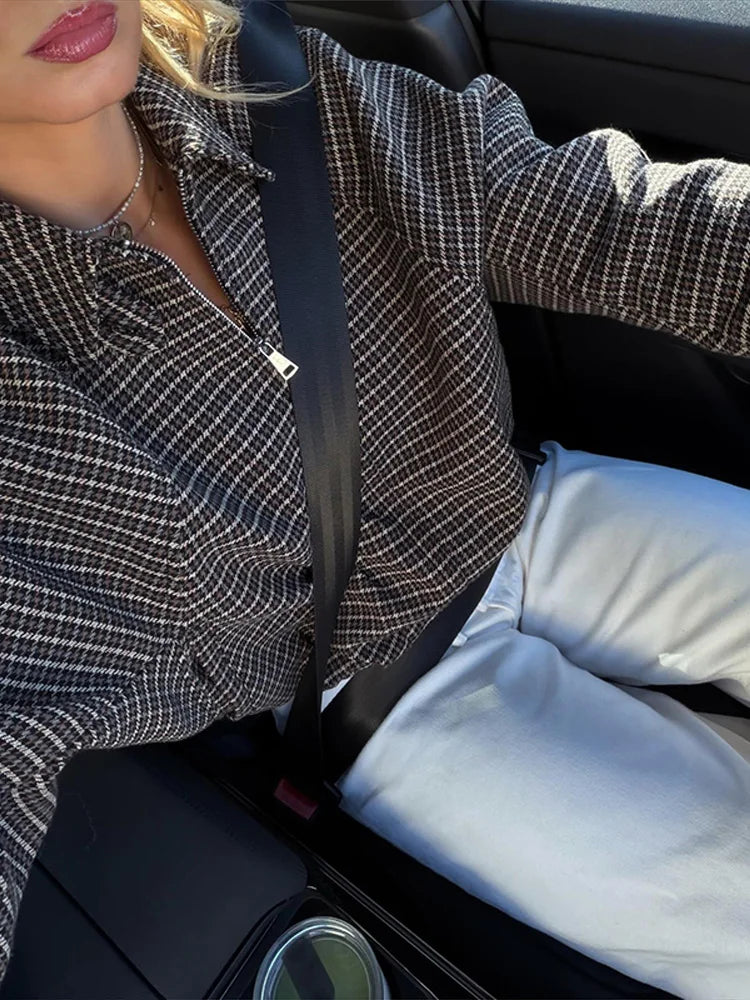 Vintage Plaid Women 's Jacket Elegant Lapel Patchwork Full Sleeve Zipper Cropped Jackets Lady 2026 Woman Spring Coats Outwears