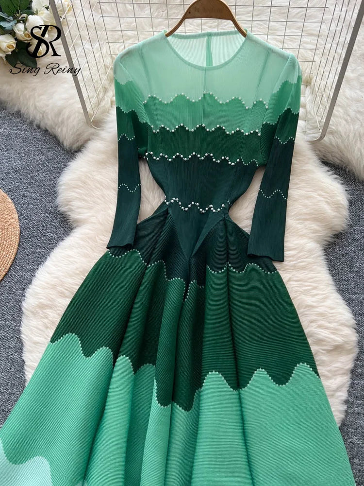 Wave Print Long Sleeve Ankle Length Evening Dress for Women