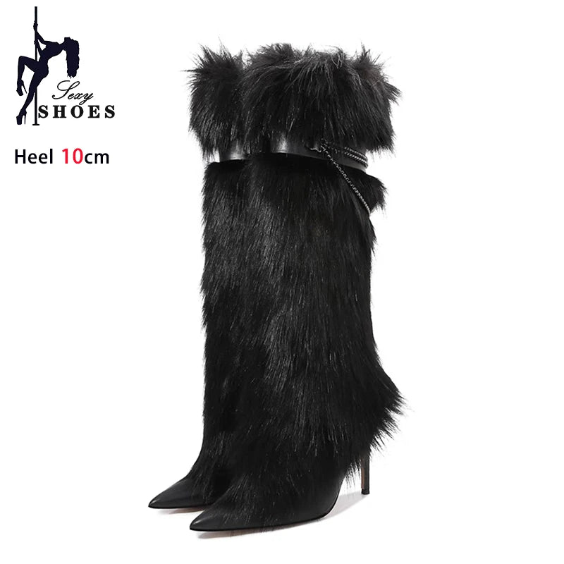 Elegant Faux Fur Knee High Stiletto Boots for Women