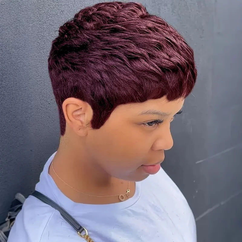 Women's Pixie Cut Wig 6 Inch Brazilian Remy Wavy Human Hair Layered Style Natural Look for full Machine wig