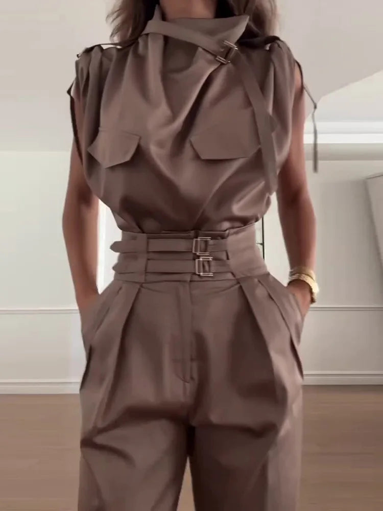 Sleeveless Turtleneck Simple Matching Set, Women Summer Cargo Pants Fashion Outfit, Solid Patchwork Chic Ladies Suits Streetwear