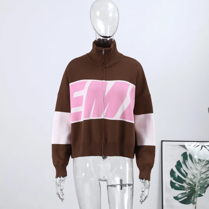 Letter Women 's Sweater Stand Collar Y2k Knit Sweaters For Woman Zipper Full Sleeve Tops Female 2025 Winter Men Jacket Knitwear