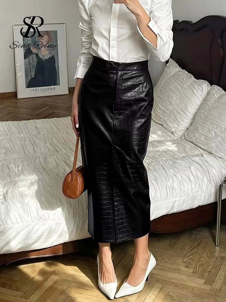 Faux Crocodile Leather Ankle Length Split Skirt for Women