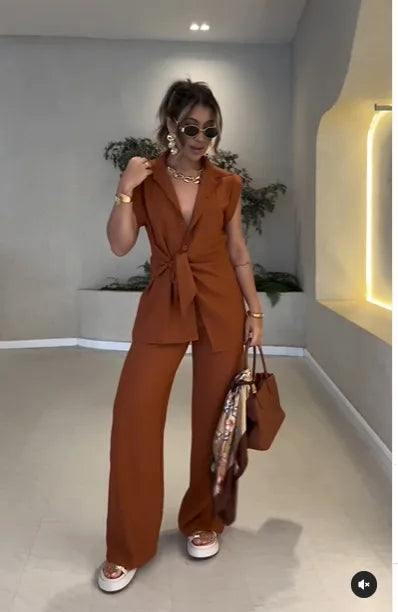 Sleeveless Turn-Down Collar Two-Piece Set for Women