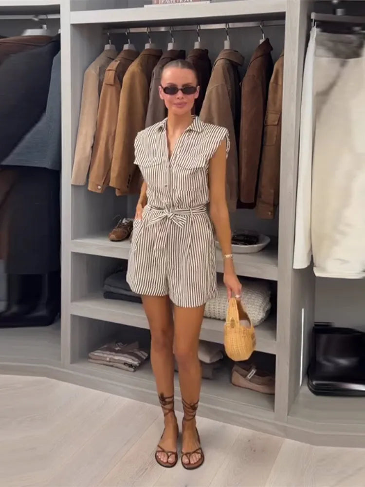 Elegant Striped Sleeveless Playsuit With Belt for Women