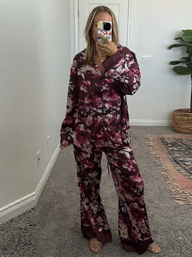 Casual Print Blouse and Wide Leg Pants Set for Women