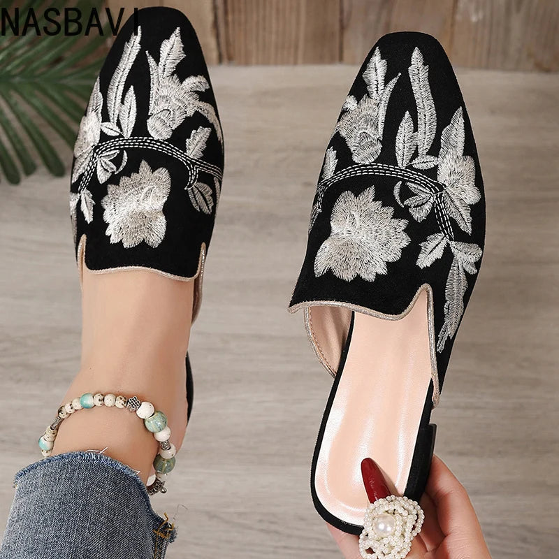 Chic Floral Velvet Embroidered Mules